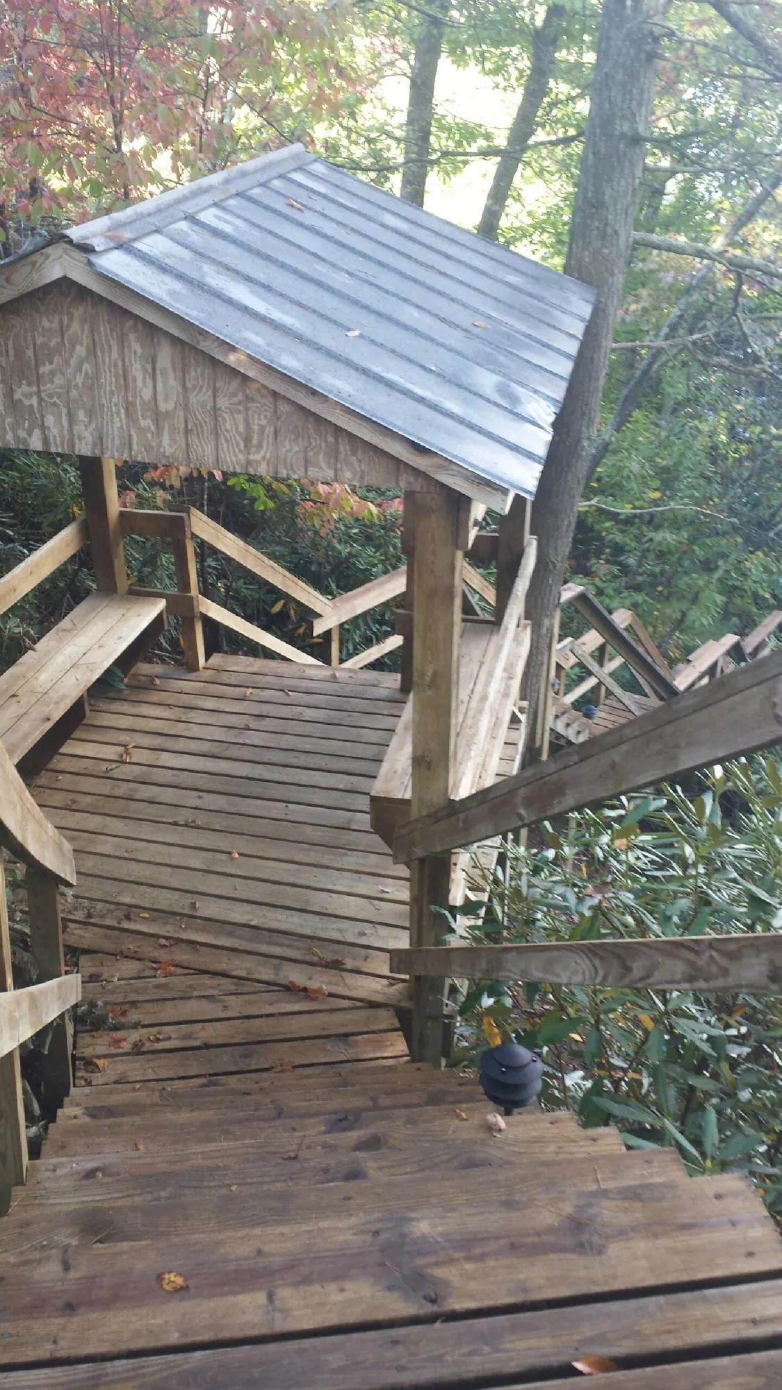 Metal roofed shelter over wooden steps on a wooded walkway — Skylight Repair & Installation work by our crew in Cassandra